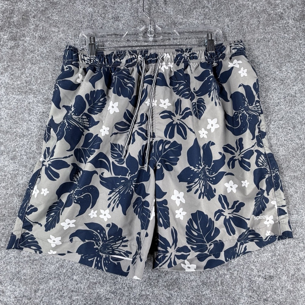 Speedo Men XL Swim Trunks Gray Blue All Over Floral Hibiscus Board Shorts Pocket